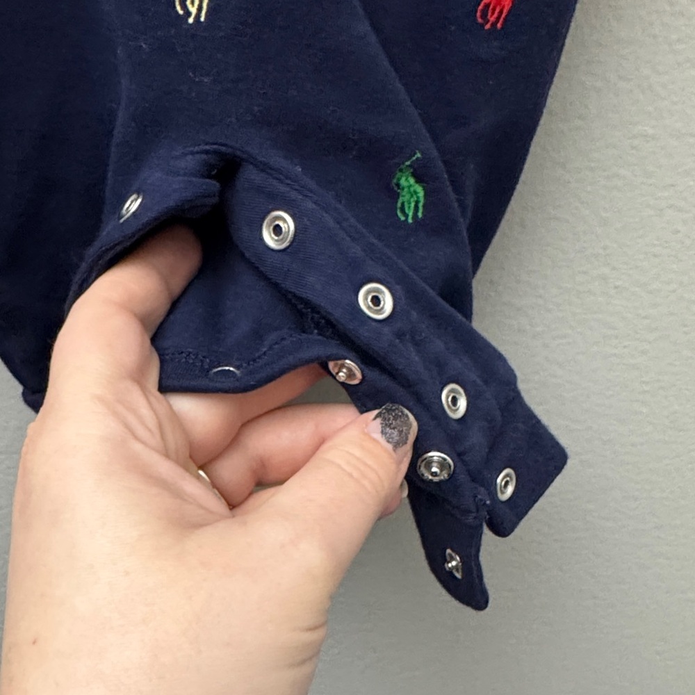 Ralph Lauren Navy Baby Polo Romper with Multicolor Pony Embroidery - Picture 4 of 5